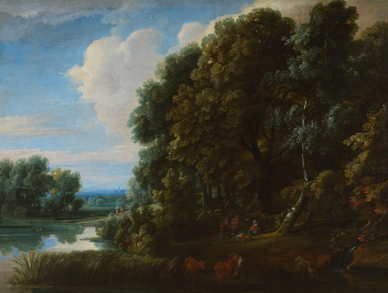 Landscape: Woodland with Lake and Figures by Jacques d' Arthois