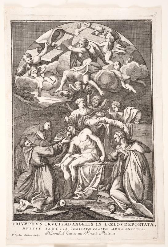 Triumphus crucis ab angelis in coelos deportatae, multi sanctis Christum passum adorantibus