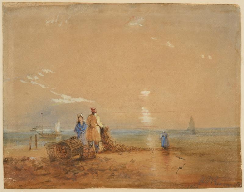 Three figures on a beach, with boats and lobster pots