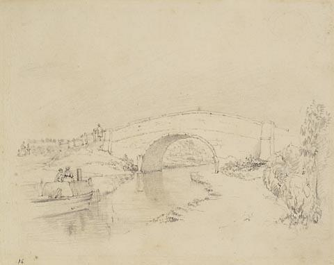 Landscape with bridge and barge by Unknown artist