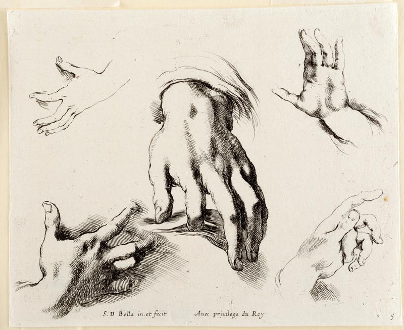 Au milieu, le dessus d'une main gauche; aux quatre angles, quatre autres mains plus petites by Stefano Della Bella