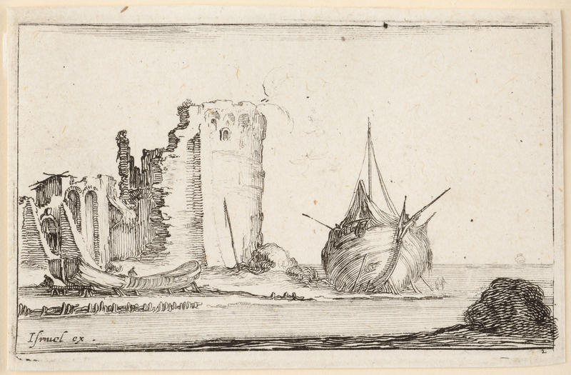 Untitled: Marine - a galley and a ruined tower. by Stefano Della Bella