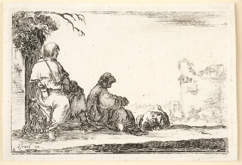 Untitled: Two seated pilgrims and a peasant lying on his stomach by Stefano Della Bella