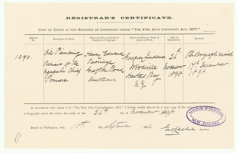 [Copyright Certificate] Oil Painting Portrait of the Ngaouhi Chief Pomare by Gottfried Lindauer, H E Partridge