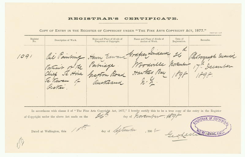 [Copyright Certificate] Oil Painting Portrait of the Chief Te Hira Te Kawau of Orakei