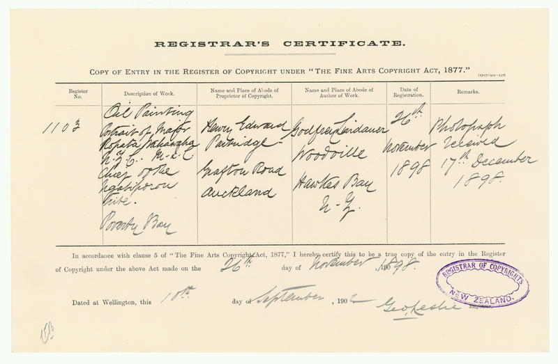 [Copyright Certificate] Oil Painting Portrait of Major Ropata Wahawaha N.Z.C. M.L.C. Chief of the Ngati Porou Tribe. Poverty Bay.