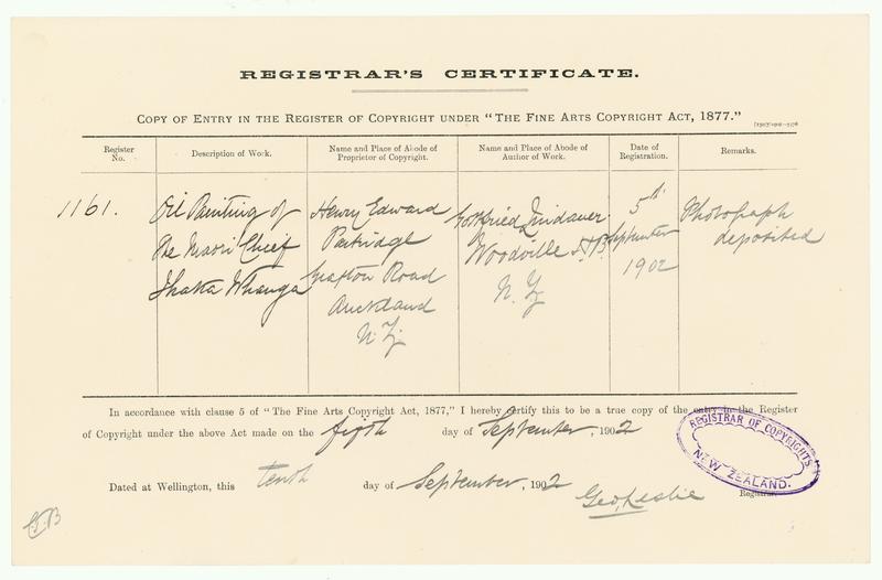 [Copyright Certificate] Oil Painting of the Maori Chief Ihaka Whanga by Gottfried Lindauer, H E Partridge