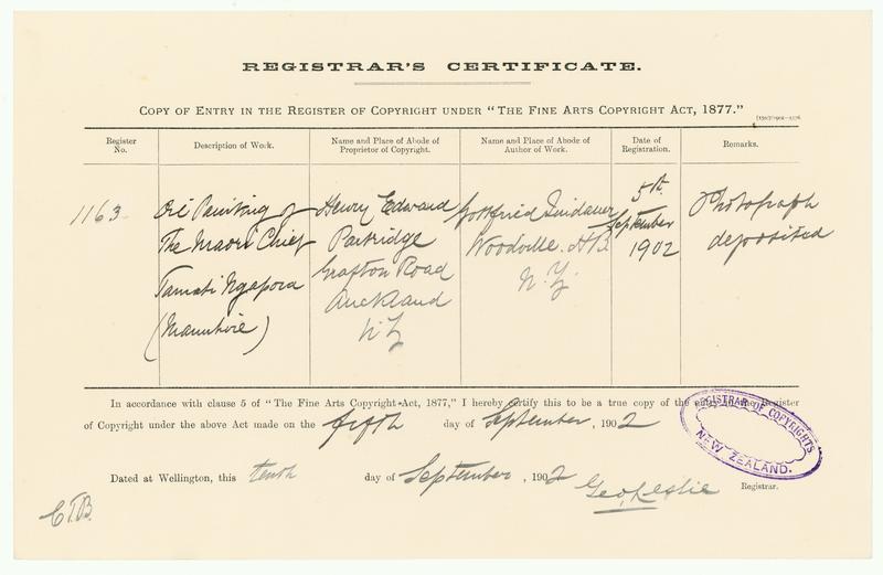 [Copyright Certificate] Oil Painting of the Maori Chief Tamati Ngapora (Manuhiri)