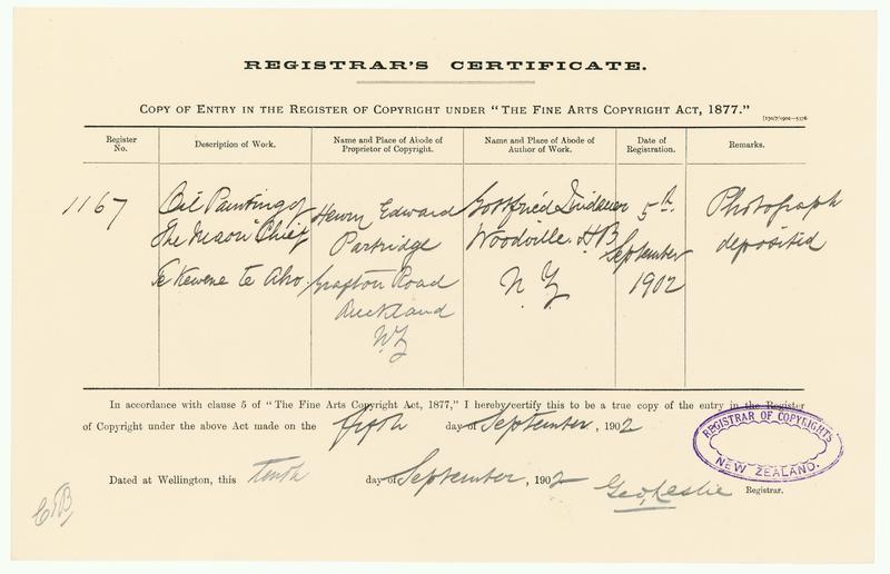 [Copyright Certificate] Oil Painting of the Maori Chief Te Kewene Te Aho by Gottfried Lindauer, H E Partridge