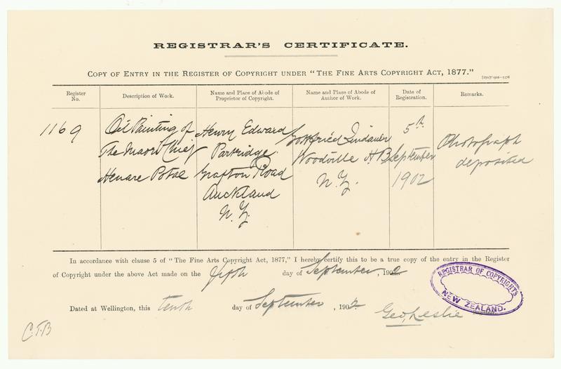 [Copyright Certificate] Oil Painting of the Maori Chief Henare Potae by Gottfried Lindauer, H E Partridge