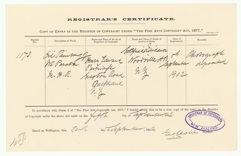 [Copyright Certificate] Oil Painting of Wi Parata M. H. R. by Gottfried Lindauer, H E Partridge