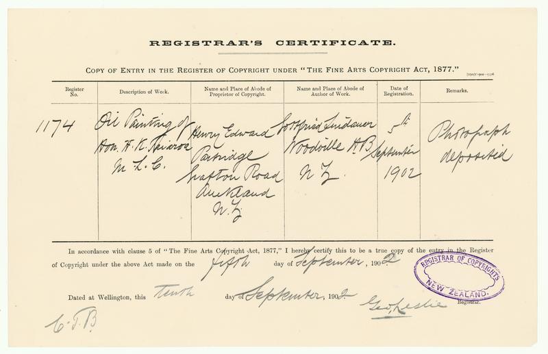 [Copyright Certificate] Oil Painting of Hon. H. K. Taiaroa M.L.C. by Gottfried Lindauer, H E Partridge