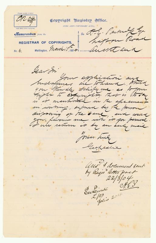 [Correspondence regarding Copyright to Lindauer artworks with Geo Leslie, Registrar of copyrights] by Gottfried Lindauer, H E Partridge