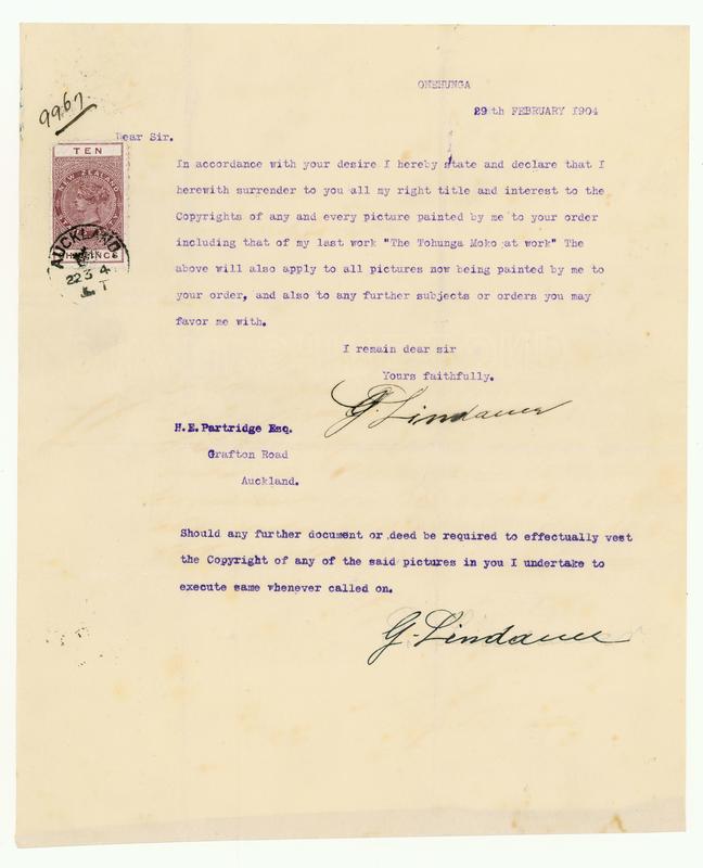 [Correspondence regarding Copyright to Lindauer artworks, from Gottfried Lindauer]