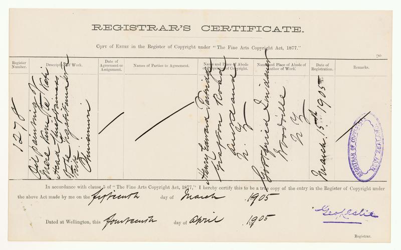 [Copyright Certificate] Oil Painting of Mere Kuru Te Kati Head Chieftainess of the Ngatitamatera Tribe, Ohinemuri by Gottfried Lindauer, H E Partridge