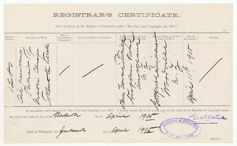 [Copyright Certificate] Oil Painting of Portrait of Maori Chief Tokena te Karetu [sic]