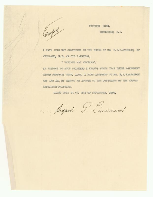 [Correspondence regarding the completion of the painting wahines mat weaving and its copyright] by Gottfried Lindauer, H E Partridge