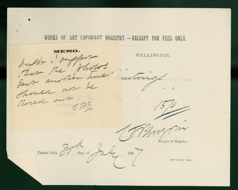 [Copyright registry receipt of fees and memo, 1907] by Gottfried Lindauer, H E Partridge