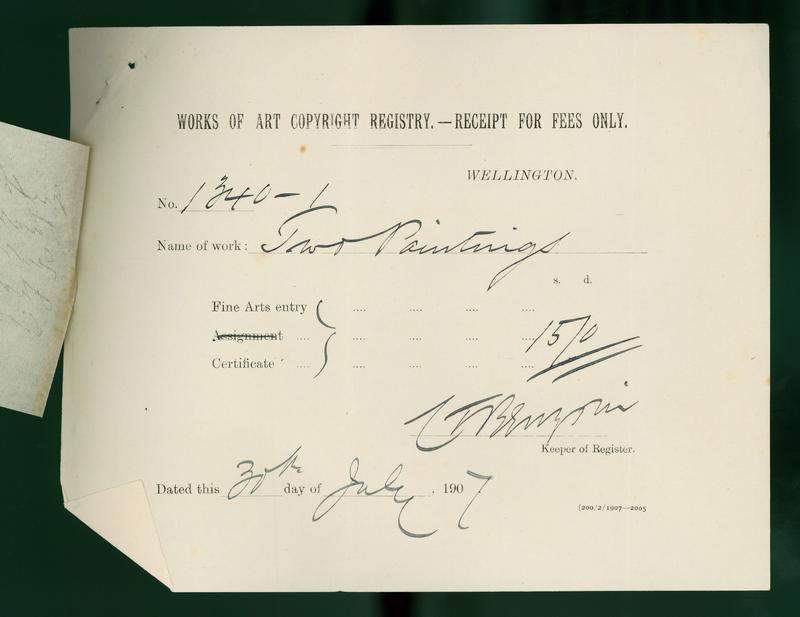[Copyright registry receipt of fees and memo, 1907] by Gottfried Lindauer, H E Partridge