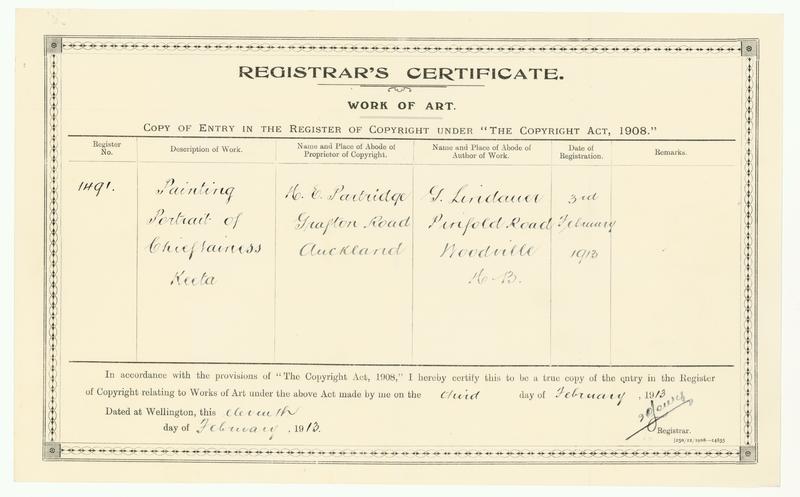 [Copyright Certificate] Painting Portrait of Chieftainess Keeta by Gottfried Lindauer, H E Partridge