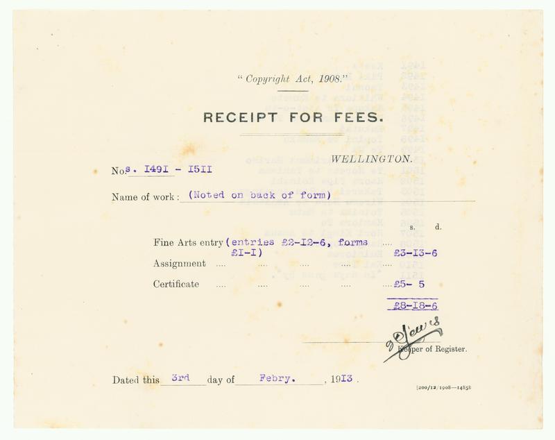 [Copyright registry fees receipt, for registering 21 paintings] by Gottfried Lindauer, H E Partridge