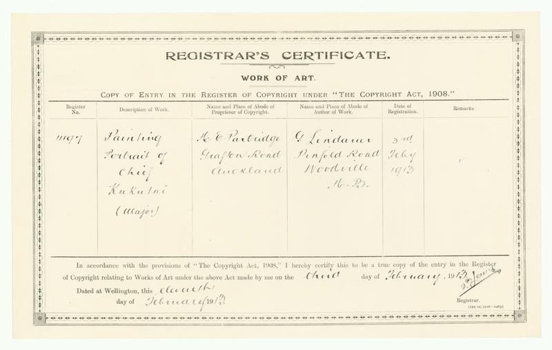 [Copyright Certificate]Painting Portrait of Chief Kukutai (Major) by Gottfried Lindauer, H E Partridge