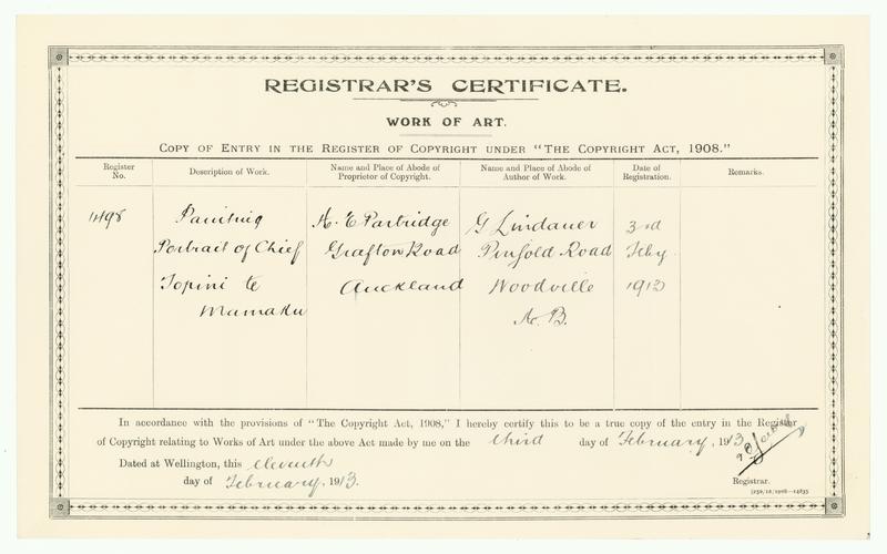 [Copyright Certificate] Painting Portrait of Chief Topini te Mamaku by Gottfried Lindauer, H E Partridge