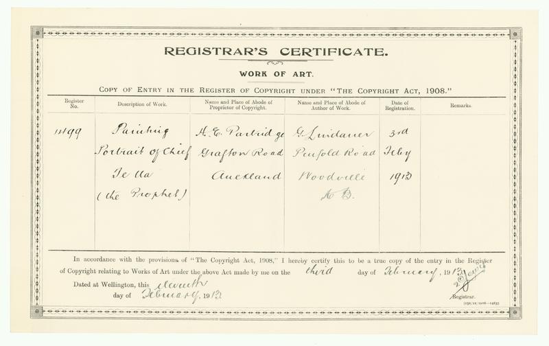[Copyright Certificate] Painting Portrait of Chief Te Ua (the Prophet) by Gottfried Lindauer, H E Partridge