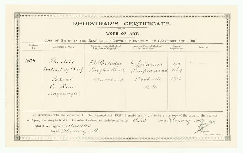 [Copyright Certificate] Painting Portrait of Chief Takerei Te Rauangaanga