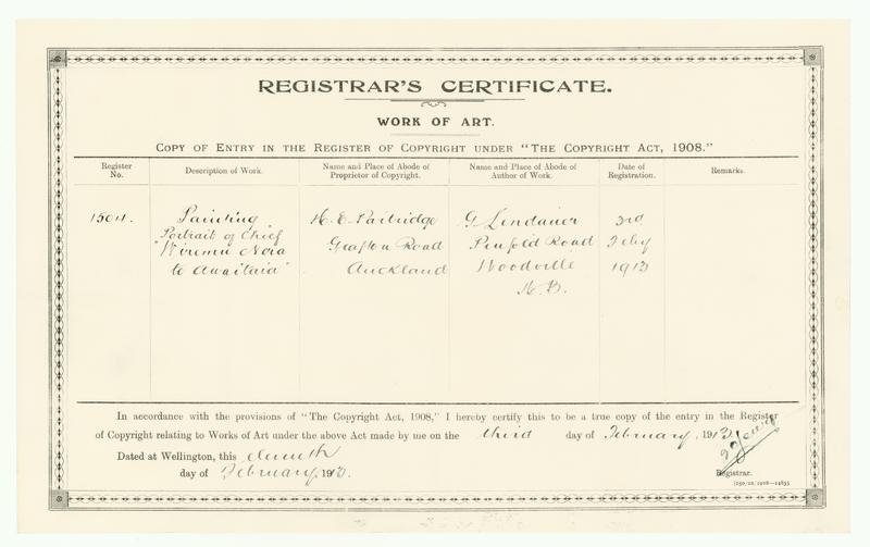 [Copyright Certificate] Painting Portrait of Chief "Wiremu Nera te Awaitaia"