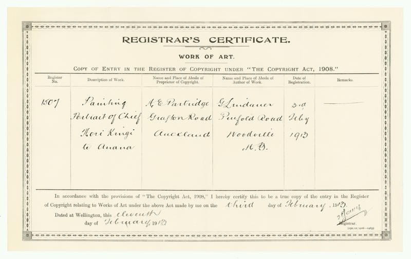 [Copyright Certificate] Painting Portrait of Chief Hori Kingi te Anaua by Gottfried Lindauer, H E Partridge