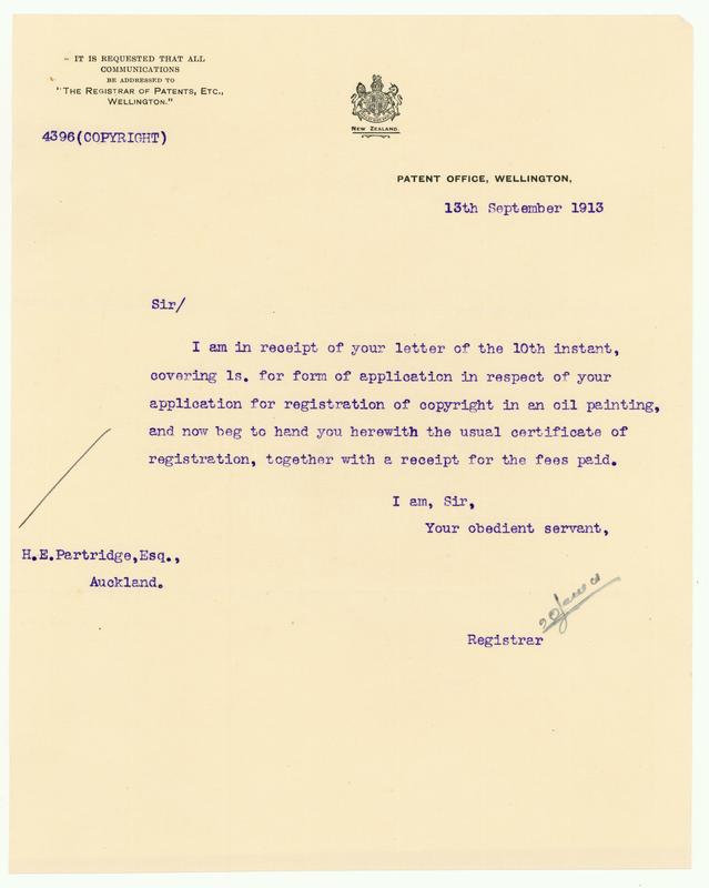 [Correspondence regarding copyright of "The Phantom Canoe of Tarawera" from the Registrar of Patents]