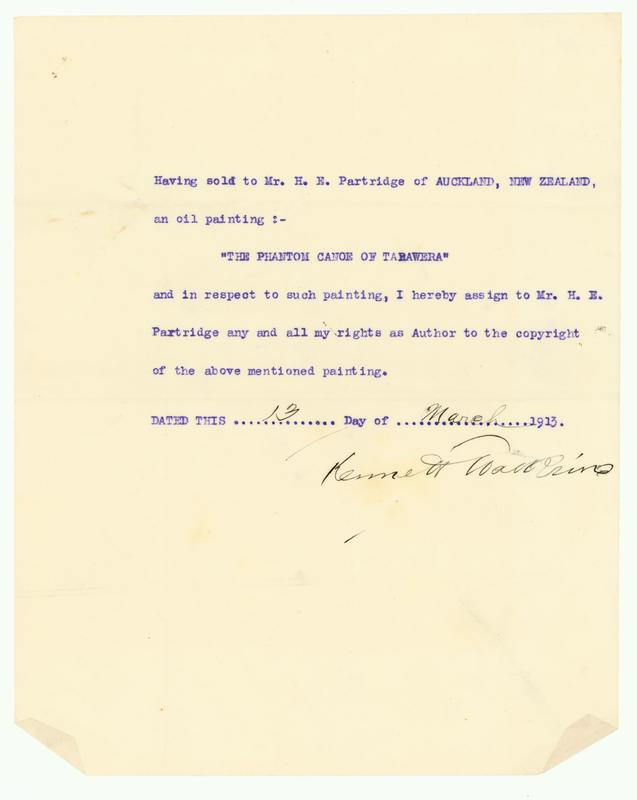 [Correspondence signing over copyright of  "The Phantom Canoe of Tarawera" to H.E. Partridge]