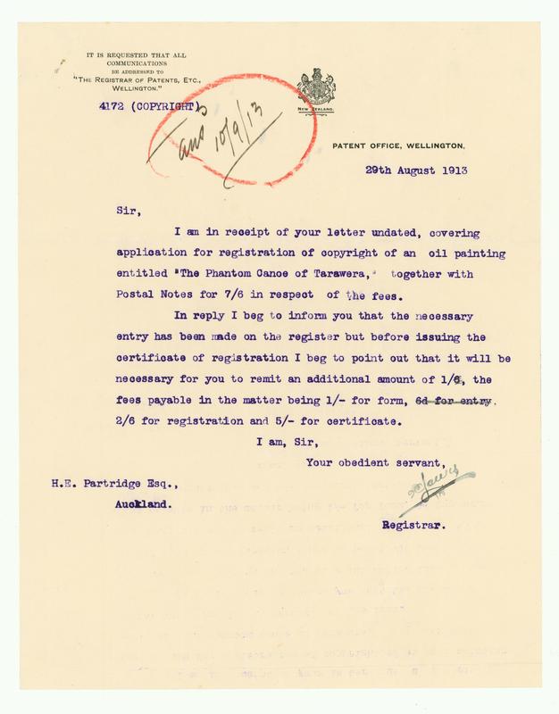 [Correspondence regarding the confirmation and registration of copyright for "The Phantom Canoe of Tarawera"]